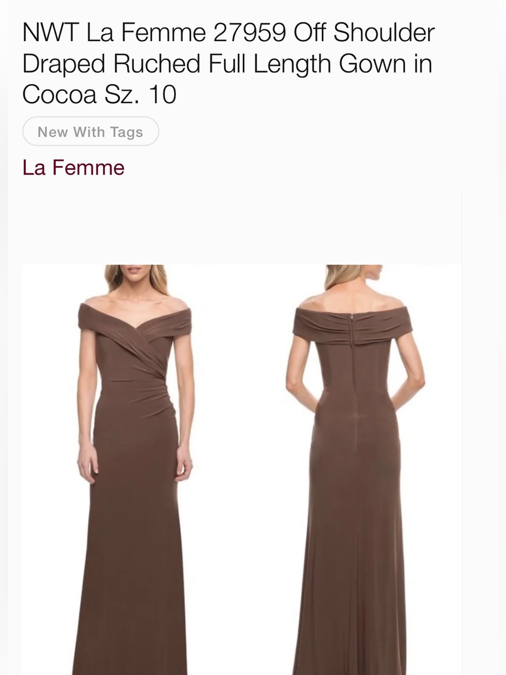 La Femme Cocoa One-Shoulder Draped Ruched Gown